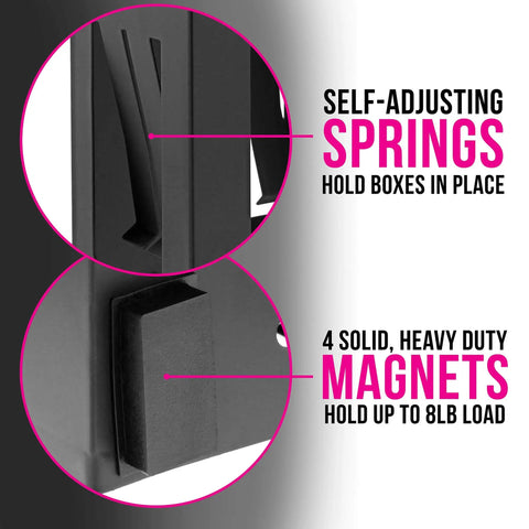 Close-up of self-adjusting springs and heavy duty magnets on Universal Wall Mount Glove Dispenser And Tissue Box Holder Pack Of 6