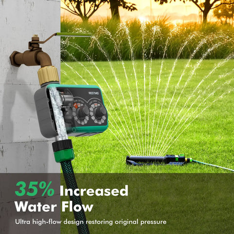 Three Dial Analog Sprinkler Timer With Brass Inlet And Outlet For Garden Hose connected to lawn sprinkler