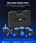 Front view of Orion Motor Tech turbo system leakage tester kit, 10pc with blue adapters and hard black case