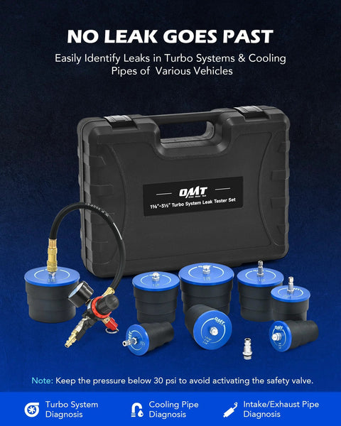 Front view of Orion Motor Tech turbo system leakage tester kit, 10pc with blue adapters and hard black case