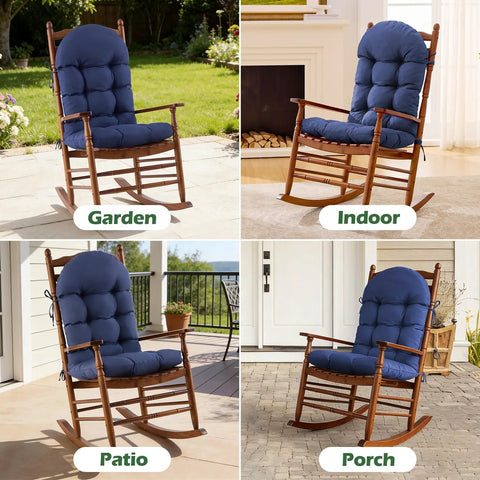 Rocking Chair Cushions For Indoor And Outdoor Use 44 By 19 By 4 Inch Navy Blue Tufted High Back Pad With Ties set in garden, indoor, patio, porch