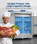 Top Shelf 54 Inch Commercial Reach In Freezer, 49 Cubic Feet Two Door Cold Storage Cabinet with a chef holding food.