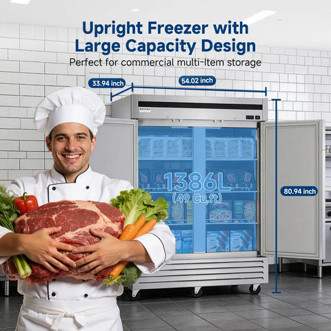 Top Shelf 54 Inch Commercial Reach In Freezer, 49 Cubic Feet Two Door Cold Storage Cabinet with a chef holding food.