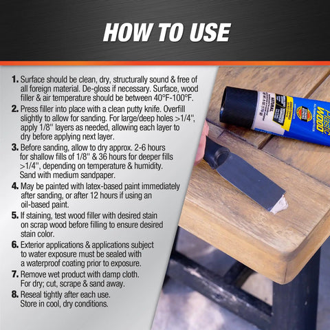 Plastic Wood All Purpose Latex Wood Filler Natural 3 Oz For Quick Interior And Exterior Wood Fixes shown with application instructions