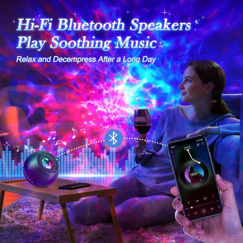 Person using Upgrade Star Galaxy Projector Night Light with 15 Color Modes and Bluetooth Speaker, relaxing atmosphere