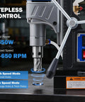 Zelcan 1550W Magnetic Drill Press With 2 Inch Boring Dia And 11 Core Bits Features Stepless Speed Control on display.