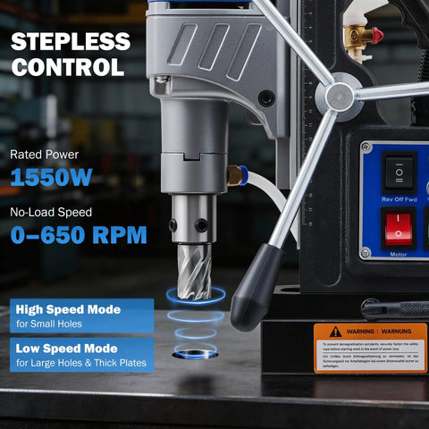 Zelcan 1550W Magnetic Drill Press With 2 Inch Boring Dia And 11 Core Bits Features Stepless Speed Control on display.