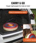 Portable 20 Inch Round Straw Archery Target, 4 Inch Thick with Deep Red Finish, placed in car trunk with colored rope handle.
