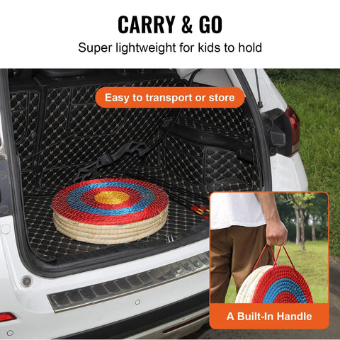 Portable 20 Inch Round Straw Archery Target, 4 Inch Thick with Deep Red Finish, placed in car trunk with colored rope handle.
