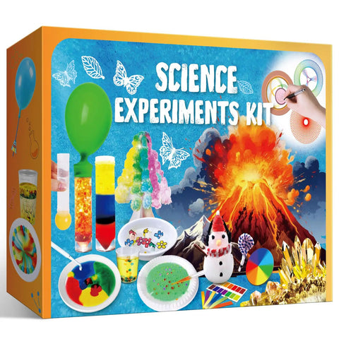 110 Hands On Science Experiments Kit For Kids with volcano eruptions, crystal projects, and vibrant experiment illustrations.