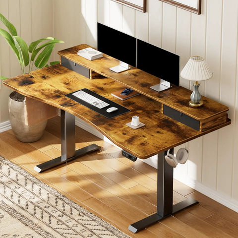 Standing Desk With Storage Drawers And Monitor Shelf For A Game Ready Office Setup Adjustable Height Computer Desk For Home Office Study Gaming And Workstation 47.2 By 27.6 Inches Brown with dual monitors.