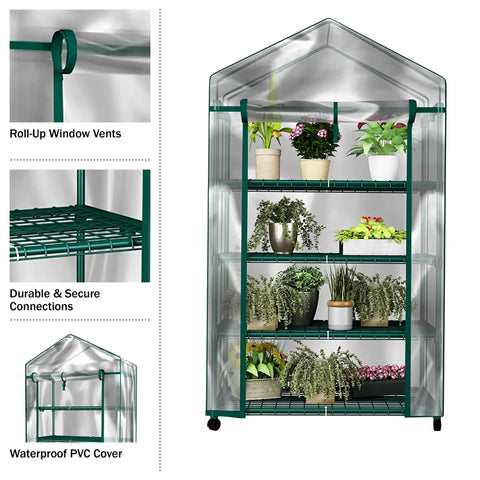 4 Tier Portable Greenhouse With Locking Wheels And PVC Cover For Indoor Or Outdoor Use, 27 Inch Wide Shelves That Hold 24 Lbs Per Tier, A Slick Mini Greenhouse For Seedlings, Herbs, And Small Plants
