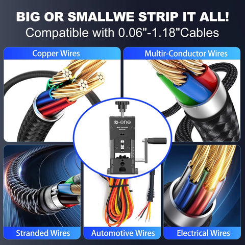Heavy Duty Manual Wire Stripping Tool For Scrap Copper Wires 0.06 To 1.18 Inch Range with various cable types shown