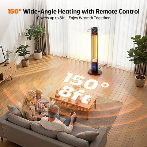 Infrared 1500W Outdoor Patio Heater Tower 42 Inch Tall With 9 Heat Settings And 9H Timer IPX5 Waterproof in a living room setup