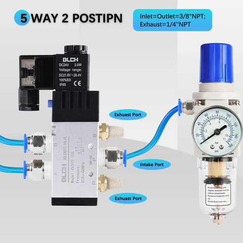 Image showing the Beefy Rugged Heavy Duty 4V410-15 DC12V Pneumatic Solenoid Valve, 2 Position 5 Way Pilot Operated, with labeled ports.