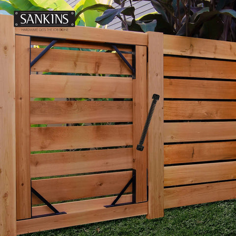 11.5 Inch Gate Spring Self Closing Heavy Duty Built To Last Outdoor Door Spring For Metal Gate Closure With Adjustable Tension For Wooden And Vinyl Fences Black Finish 4 Pack installed on wooden fence gate