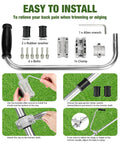 Ergonomic Weedeater Handle Extension Back Saver Trimmer Grip with installation guide, components, and assembled view