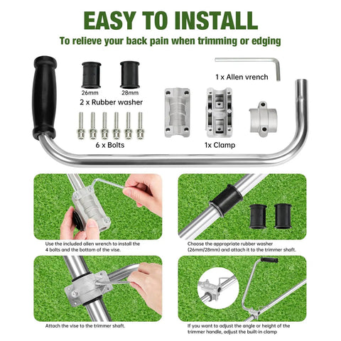 Ergonomic Weedeater Handle Extension Back Saver Trimmer Grip with installation guide, components, and assembled view