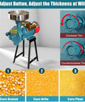 Beast 3000W Electric Dry Grain Mill Grinder, 110V Workhorse With 150mm Disc, showing grind size adjustment and corn products