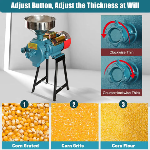 Beast 3000W Electric Dry Grain Mill Grinder, 110V Workhorse With 150mm Disc, showing grind size adjustment and corn products