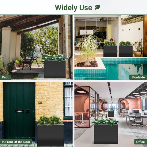 Sturdy 36 Inch Metal Planter Box With Drainage Holes And Rust Proof Coating For Indoor Outdoor Use, shown on patio, poolside, door, office.