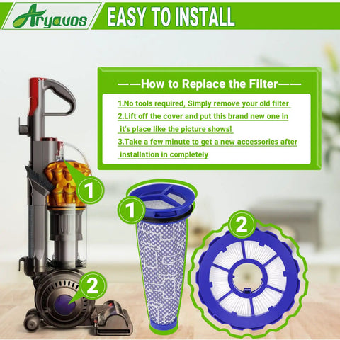 2 Pack HEPA Post Motor Filters And 2 Pack Pre Motor Filters Replacement For Dyson DC50 Animal And Multi Floor Vacuum Cleaner Top Notch Filter Set For Clean Air Easy Fit Durable Replacement showing installation instructions and filter design close-ups.