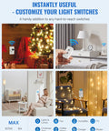 Plug In Remote Outlet Switch Wireless Control For Lamps And Lights No Wiring Needed Remote On Off Plug Programmable 100 Ft RF Range 15 Amp 1875 Watt Battery Included FCC Listed installed in living room, bedroom, and holiday settings.