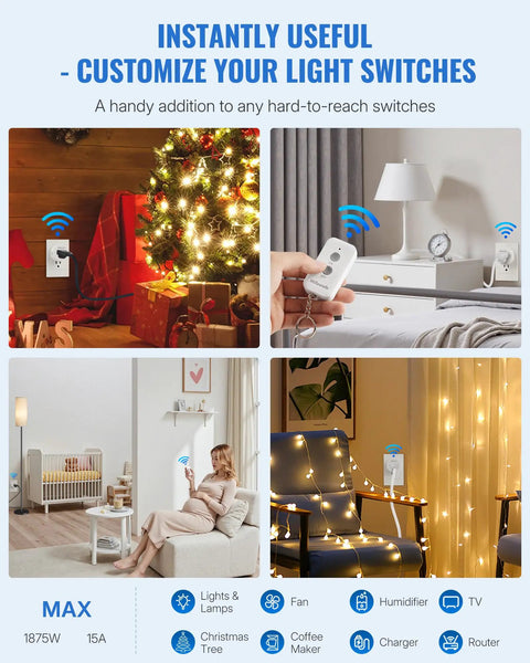 Plug In Remote Outlet Switch Wireless Control For Lamps And Lights No Wiring Needed Remote On Off Plug Programmable 100 Ft RF Range 15 Amp 1875 Watt Battery Included FCC Listed installed in living room, bedroom, and holiday settings.
