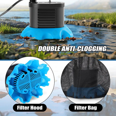 Pool Cover Pump 850 GPH For Above Ground Pools With 4 Hose Adapters 23 Ft Drain Hose And 25 Ft Power Cord Ideal Water Pump showing double anti-clogging filter hood and bag under water.