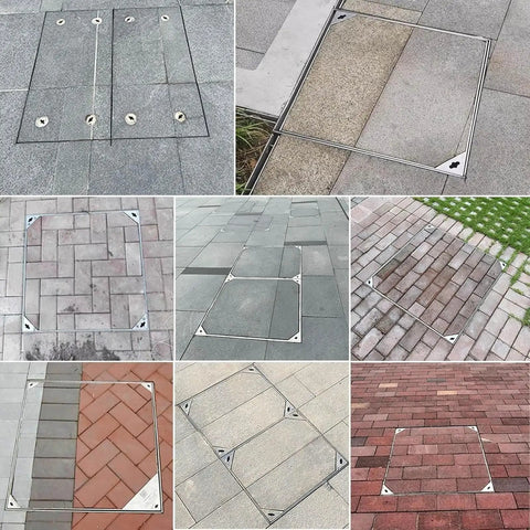 Invisible Square Septic Tank Covers With Base, Stainless Steel Manhole Cover For Yard And Lawn, installed in various outdoor settings.