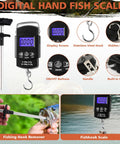 Digital hand fish scale features display screen, stainless steel hook, hook remover, and built-in ruler for easy fish weighing.