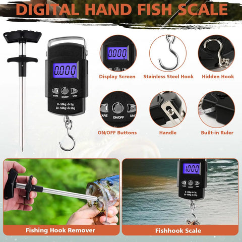 Digital hand fish scale features display screen, stainless steel hook, hook remover, and built-in ruler for easy fish weighing.