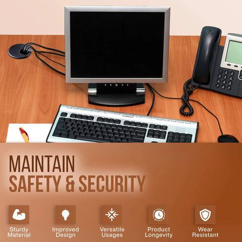 Desk with computer monitor, keyboard, and phone using Desk Grommet 2 Inch Cable Hole Cover Pack Of 5 Black ABS Plastic Wire Management