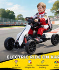 Child driving 12V Electric Go Kart For Kids With Forward And Backward Drive, Adjustable Speed, Smooth All Terrain EVA Wheels, White