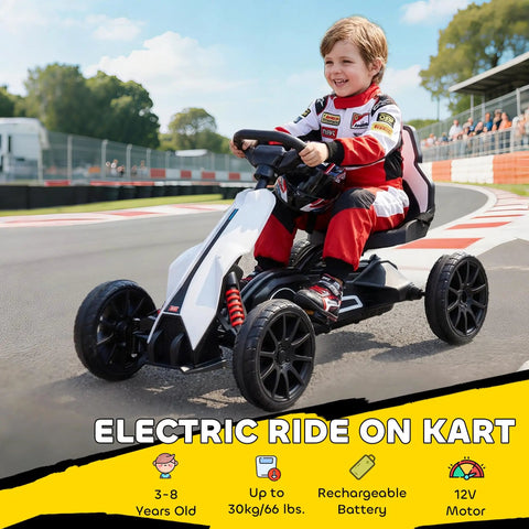 Child driving 12V Electric Go Kart For Kids With Forward And Backward Drive, Adjustable Speed, Smooth All Terrain EVA Wheels, White