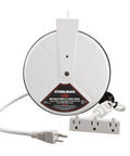 Built Tough 30 Foot Cord Reel With Triple Tap Outlet And Inline Circuit Breaker 13 Amp 125 250 Volt 120 Volt 60 Hz 16 Gauge Steel Housing Ceiling Mount For Garage Auto Shop And Home Workshop, showing retracted cord and outlet.