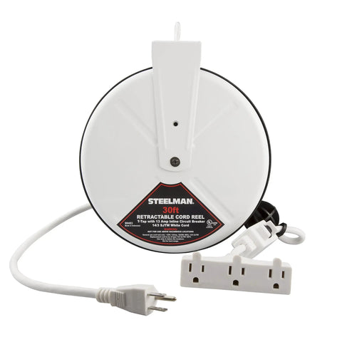 Built Tough 30 Foot Cord Reel With Triple Tap Outlet And Inline Circuit Breaker 13 Amp 125 250 Volt 120 Volt 60 Hz 16 Gauge Steel Housing Ceiling Mount For Garage Auto Shop And Home Workshop, showing retracted cord and outlet.