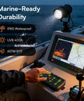 Person using RGB 8 Gang Switch Panel With Momentary Toggle And Pulsed Memory for marine navigation, highlighting IP65 waterproof feature.