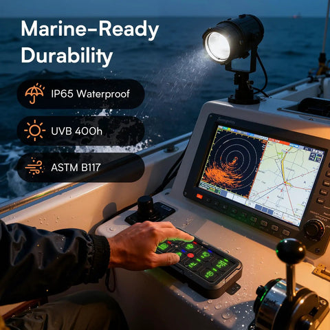 Person using RGB 8 Gang Switch Panel With Momentary Toggle And Pulsed Memory for marine navigation, highlighting IP65 waterproof feature.