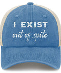 Breathable Women's Running Trucker Cap with 'I Exist Out of Spite' graphic, adjustable buckle, lightweight sport hat for outdoors.