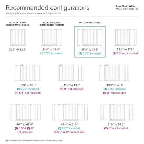 Diagram showing configurations of 11 Inch White Baby Gate Extension For Easy Close Metal, Auto Close Metal, Safe Step, Click Lock Gates.
