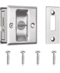 Slick Brushed Nickel Pocket Sliding Door Lock And Privacy Pull Handle With Reversible Latch Hardware Kit for interior doors, includes latch and screws.