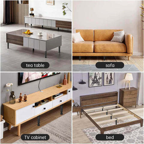 Four Top Shelf Adjustable Bed Frame Support Legs Center Slat Lift Riser for various furniture, enhancing height from 5.1 to 8.3 inches.