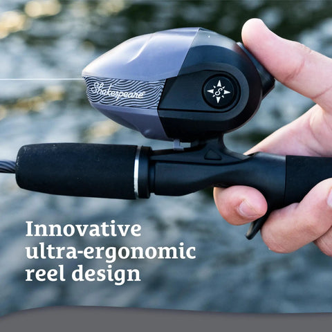 Excursion 6 Spin Cast Reel For Everyday Freshwater Bass Fishing With Ultra Ergonomic Design, shown in hand near water