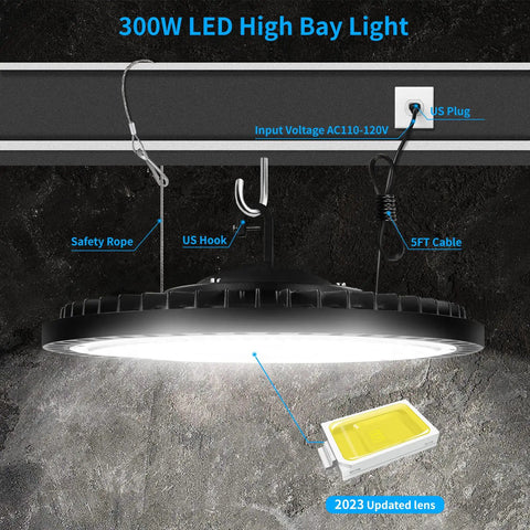 2 Pack 300W LED High Bay UFO Lights With 5000K White, 30,000 Lumens, IP65, US Plug And Play, Hanging Chain, ceiling installation