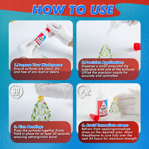 Instruction steps for using Mad Strong Glass Adhesive For Jewelry And Crafts, Clear Waterproof Glue for crystal art projects.