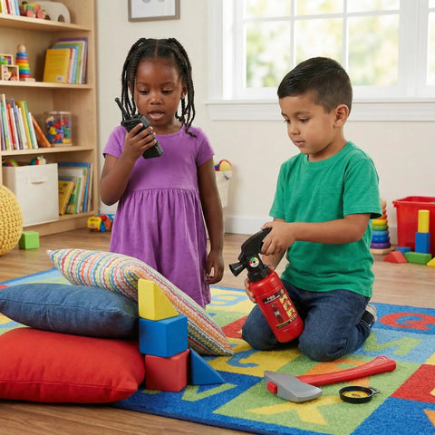 Kids Firefighter Costume Props Set With Water Squirt Fire Extinguisher Toy For Role Play Realistic Fireman Gear With Interphone Megaphone Axe And Toy Radio Perfect For Pretend Play Parties Educational Safety Activities shown in use by children in a playroom.