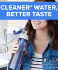 Woman in kitchen holding Hard Sided BPA Free Filtering Water Bottle With Premium Filter 26 Oz On The Go Hydration