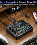 All In One Live Sound Card Mixer With Gooseneck Mic And Voice Changer For Streaming Gaming And Recording On Phone PC And Laptop Bluetooth DSP Reverb Noise Reduction on desk with game controller and smartphone