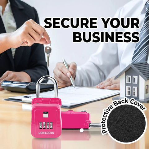 Code Operated Outdoor Key Lock Box Holds Five Keys, Ideal For Realtors And Short Term Rentals, Pink shown in real estate meeting.